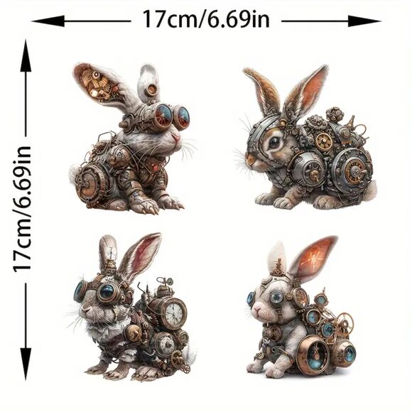 Steampunk Rabbit Decals 4 Pack Durable Plastic Dual-Sided Print Transparent Film - Picture 6 of 6